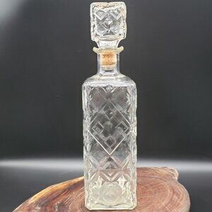 Vintage Square Cut Glass Decanter with Stopper Geometric Pattern Barware